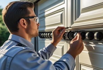 Technician performing a detailed inspection and adjustment of garage door hardware on a white sectional garage door in Mound, MN.