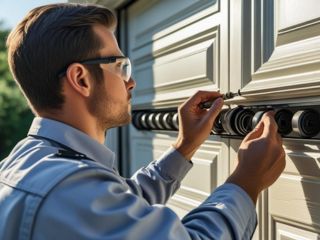 Technician Inspecting Garage Door Hardware – Mound, MN Technician performing a detailed inspection and adjustment of garage door hardware on a white sectional garage door in Mound, MN.