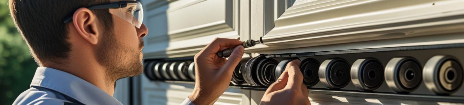 Technician performing a detailed inspection and adjustment of garage door hardware on a white sectional garage door in Mound, MN.
