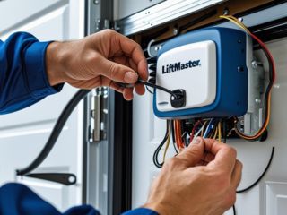 Technician Installing LiftMaster Garage Door Opener – Mound, MN Close-up of a technician wiring a LiftMaster garage door opener during installation in a residential garage in Mound, MN.