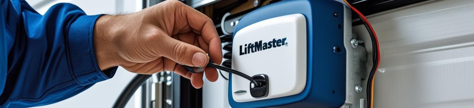 Close-up of a technician wiring a LiftMaster garage door opener during installation in a residential garage in Mound, MN.