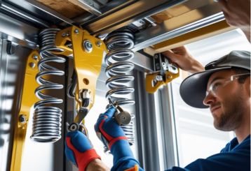 Technician in blue uniform and gloves adjusting torsion springs on a residential garage door system using professional tools in Mound, MN.