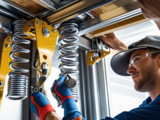 Technician in blue uniform and gloves adjusting torsion springs on a residential garage door system using professional tools in Mound, MN.