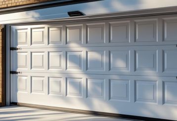 Close-up of a newly installed white sectional garage door with raised panel design on a brick home in Mound, MN, with sunlight casting soft shadows.