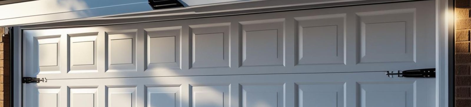 Close-up of a newly installed white sectional garage door with raised panel design on a brick home in Mound, MN, with sunlight casting soft shadows.