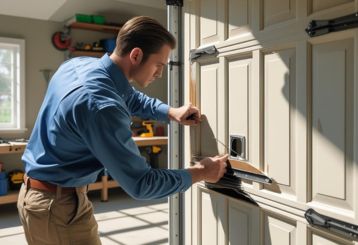 A technician in a blue shirt repairing a cracked and damaged beige garage door panel inside a residential garage workshop.