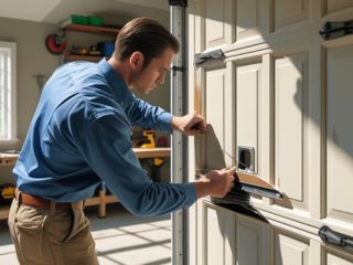 Technician Repairing Damaged Garage Door Panel – Mound, MN A technician in a blue shirt repairing a cracked and damaged beige garage door panel inside a residential garage workshop.