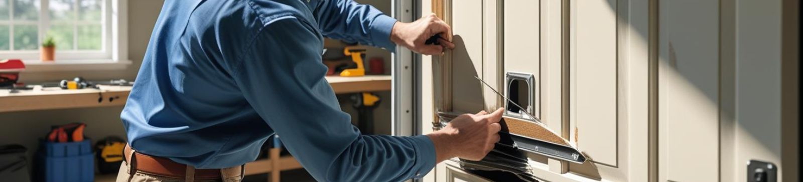 A technician in a blue shirt repairing a cracked and damaged beige garage door panel inside a residential garage workshop.